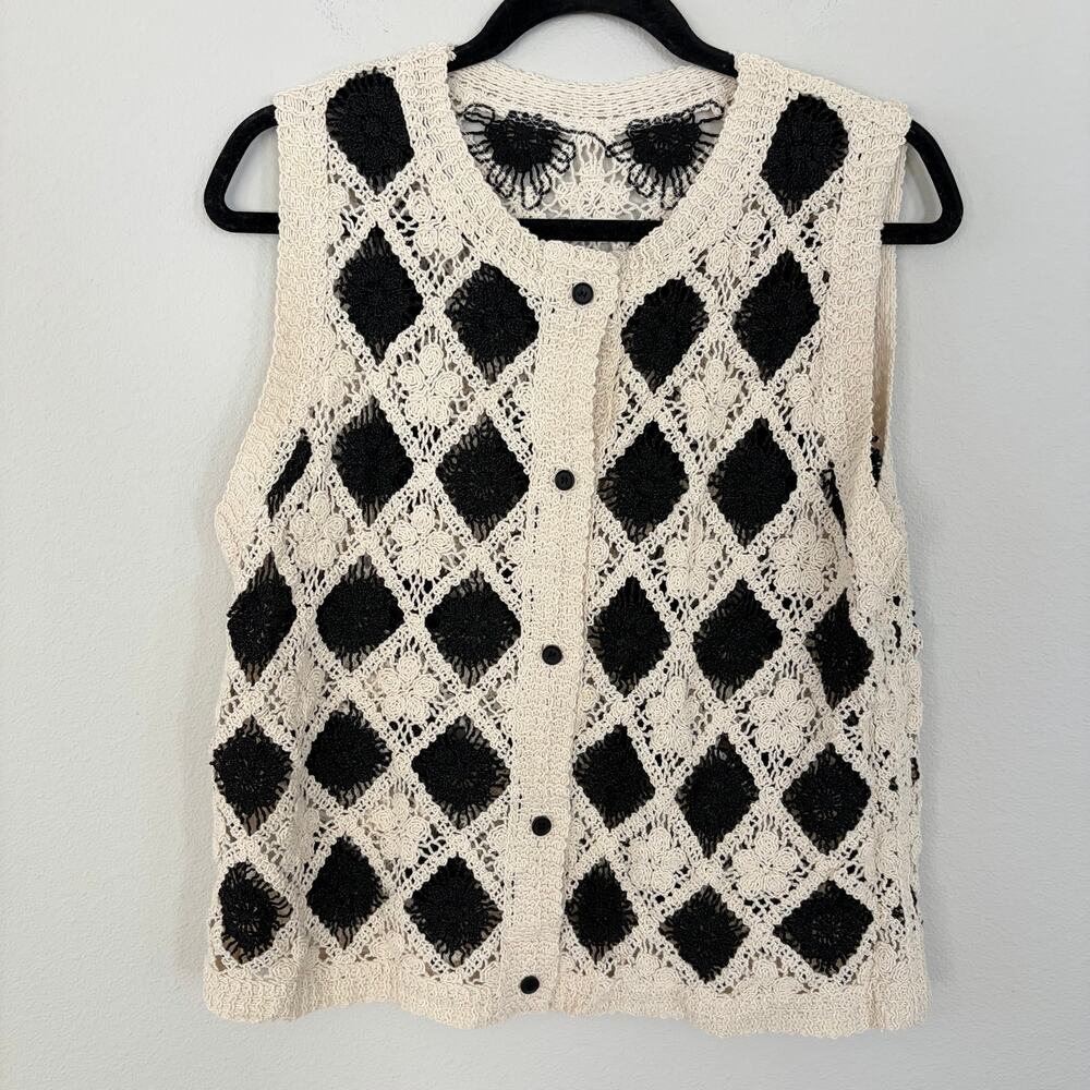 Black Beige Crochet Knit Button Front Vest (6)